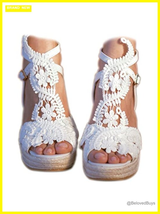 Shoes - Woven Wedge Platform Sandals Open Toe Ankle Strap PU Leather Bridesmaid Wedding